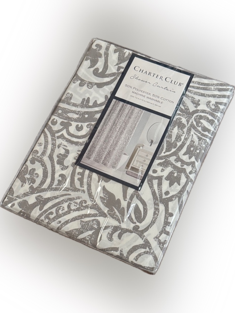 New! SHOWER CURTAIN PAISLEY CHARTER CLUB COTTON POLY BLEND Gray White  72” x 72”